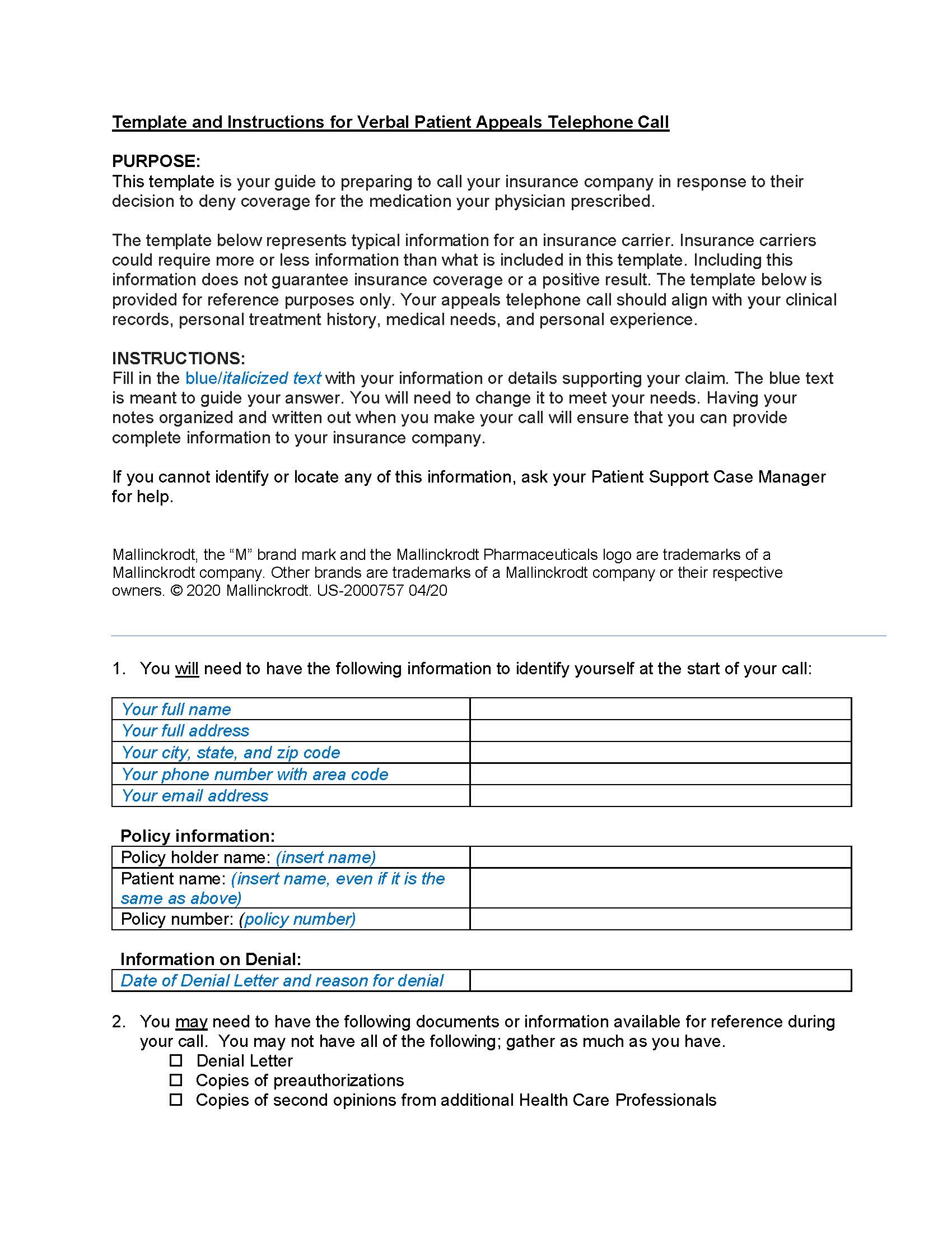 Patient appeals verbal template